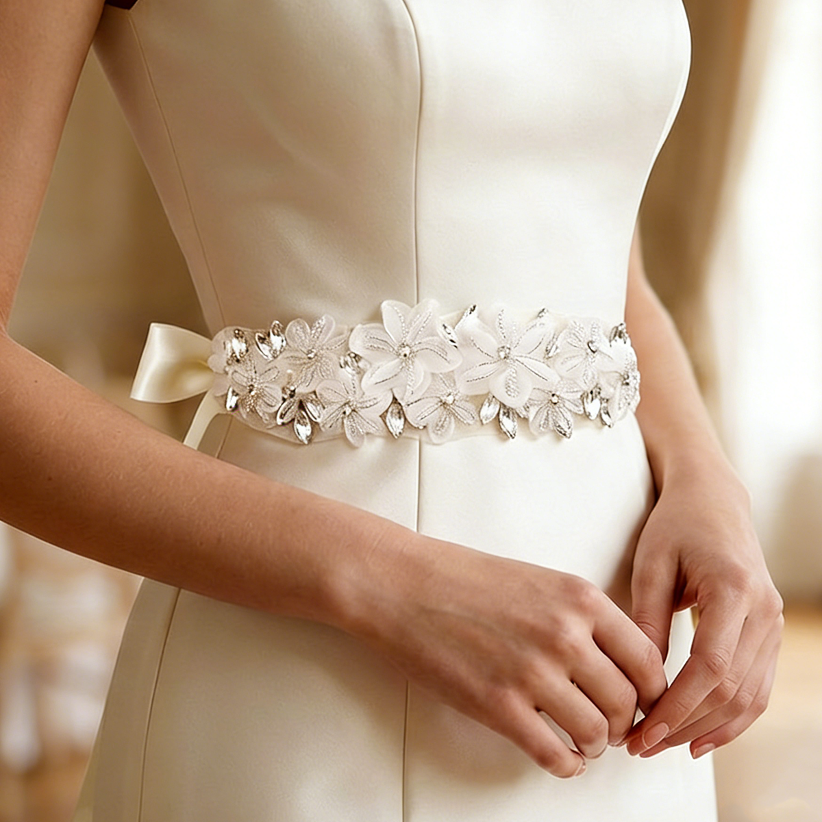 Bridal Sash Ribbon - Romantic 3D Floral Bridal Belt Rhinestone
